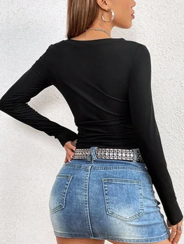 Yoawdats moteriški Y2k Išeina Apkarpyti Viršūnes ilgomis Rankovėmis Slim Fit Įgulos Kaklo iki 2023 m. Rudenį Estetinės T Shirts Tees Merginos Streetwear