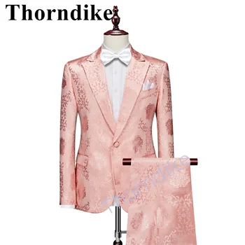 Thorndike Vyrai, Pink Gėlių Kostiumas 2 dalių Kostiumą Striukė & Kelnes Nustatyti Prabangius Žakardo Audinio Vestuvių Jaunikis Smokingas Kostiumas Vyrams Kostiumu