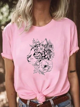 Atsitiktiniai trumpomis Rankovėmis T drabužiai Drabužiai Katė Gėlių Tendencija 90s Grafinis Tee Ponios Mados Moterų Moterų Spausdinti marškinėliai