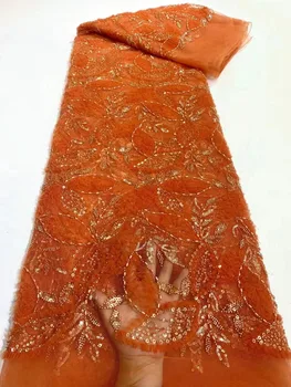 Oranžinė Naujausią Aukštos Kokybės 3D Elegantiškas, Labai Minkštas Afrikos Tiulio Tinklelio, su Karoliukais nėrinių Fbric ForWedding Suknelė