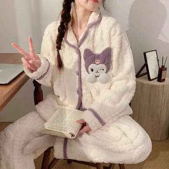 Naujas Sanrio Sleepwear Kawaii Kuromi Pižama Moterims, Rudenį, Žiemą Šiltas, Storos Namo Kailio Megztinis Nustatyti Loungewear Minkštas Miega Kelnės