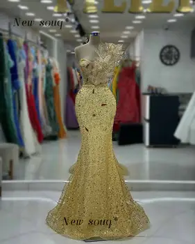 Ilgai Aukso Vienos Pečių Blizgančiais Undinė Vakaro Suknelės Klevo Lapų Dizaino Korsetas Vyresnysis Bridesmaid, Chalatai Vestuvėms Šalis