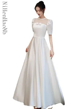 Trumpas Rankovės Vestuvių Suknelė Satino Linija, Grindų Ilgis Nuotakos Šalis Suknelė Korėjos Stiliaus Elegantiškas Vestuvių Suknelė
