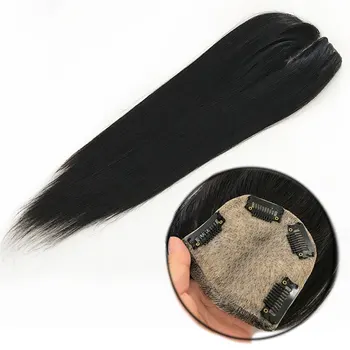 Europos Žmogaus Plaukų Šilko Bazės Topper Moterų 10x10cm Šilkiniai Tiesūs Plaukai Gabalas Įrašus Gamtinių Juoda Spalva