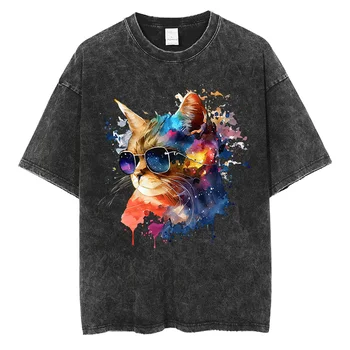 Cool Cat Grafika Grafiti Print T Shirt y2k Harajuku Aukštosios Gatvės Mados Vyrai Moterys T-shirt Kokybės Medvilnės Derliaus Negabaritinių Tees