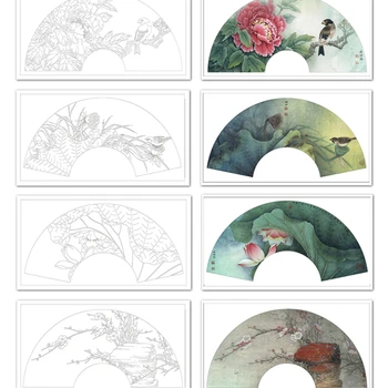 Kruopščiai Dažymo Linijos Piešimo Ranka Pradedantiesiems Kinų Tapybos Kopija, Dažymas, Prinokusių Xuan Popieriaus Gėlių, Paukščių Bijūnas Ventiliatorius Projektas