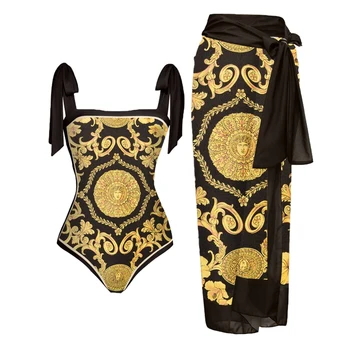Retro Juodojo Aukso Spalvų Spausdinta vientisas maudymosi kostiumas Seksualus maudymosi Kostiumėliai Paplūdimio Mados Dirželis Padengti-iki Palaidinė Išankstinio pardavimo Naujas 2 2023
