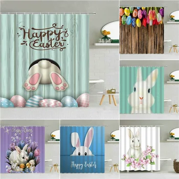 Juokingas Bunny Easter Dušo Užuolaidos Triušis Spalvingas Kiaušinių Gėlių Mediena, Dryžuotas Fonas Vonios Kambarys Dekoro Užuolaidos