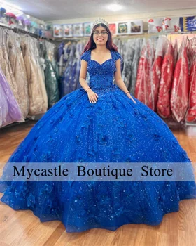 Naujas Royal Blue Lace Kamuolys Suknelė Quinceanera Suknelės 2022 Su Užkarpomis 3D Gėlės Saldus 16 Suknelė Nėrinių Vestidos De 15 Años