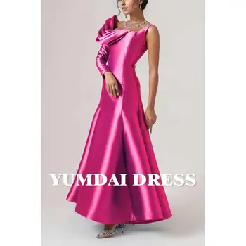 YUMDAI Spalvingas Rose Satino Dubajus vakarinę Suknelę 2024 Nuotakos Vestuvių Svečias Šalis-Line Suknelė Vieno Peties Rankovės Midi Suknelė