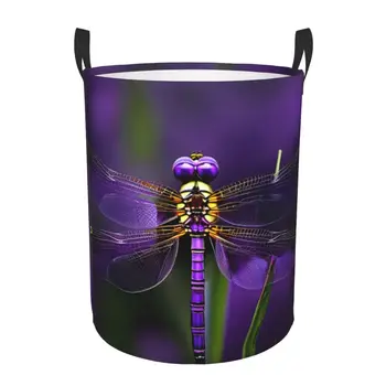 Violetinė Dragonfly Spausdinti Apskrito Pelninga Laikymo Dėžę,Krepšinio Skalbimo Trukdo Su Rankenomis Miegamojo Drabužių, Nešvarių Drabužių Krepšelio
