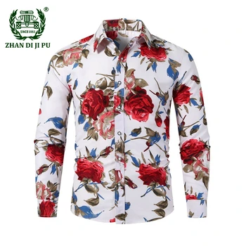 Pavasario Gėlių Spausdinti Balti Marškinėliai Vyrams Raudona Rožė Spausdinti Marškinėliai ilgomis Rankovėmis Slim Fit Gėlių Streetwear Vyrų Camisas De Hombre