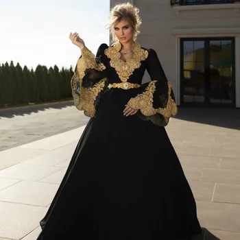 Tradicinis Kosovo Juoda, Vakaro Suknelės Moterims Šalis, Chalatai Ilgomis Rankovėmis Aukso Appliqued Promenadzie Suknelė Vestidos De La Celebridad