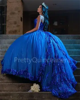 Blizgučiai Tiulio Blizgučiais Royal Blue Quinceanera Suknelę Užsakymą Brangioji Kamuolys Suknelė su trumpomis Traukinio Vestidos Quinceñeras