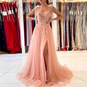 Mados Elegantiškas Brangioji Blush Prom Dresses Ilgai 3D Nėrinių Aplikacijos Oficialų Vakare Gown Baigimo Šalis Suknelės Aukštos Padalinti