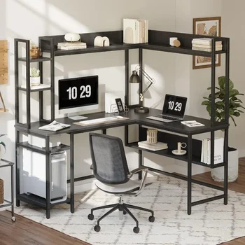 Kompiuterio stalas, L-formos žaidimų stalas, 60 colių kampe biuro stalas, didelis namų kompiuterio stalas su spinta ir stalčiuko