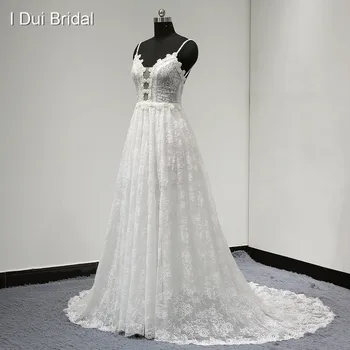 Spageti Dirželis linijos, Nėriniai Vestuvių Suknelė Romantiška Unikalaus Dizaino, Naujo Stiliaus Išskleidžiamajame Laivo