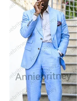 Custom mados Šviesiai mėlyna vestuvių kostiumai vyrams oficialų jaunikis verslo grupė smokingas klasika vyrų prom švarkas baby blue jackets kelnės