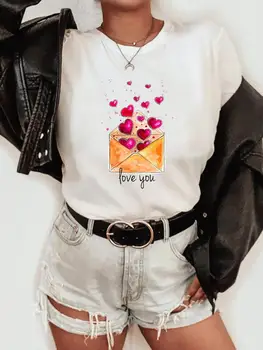 Atsitiktinis Grafinis T-shirts Mados Atspausdintas Trumpas Rankovės Meilės Valentino Saldus Mielas Tee T Moterų Drabužių Vasaros moteriškų Rūbų