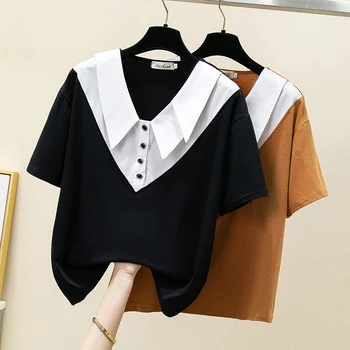 Negabaritinių Korėja Balti marškinėliai Moterims Drabužių Vasaros trumpomis Rankovėmis Netikrą Du Derlius Marškinėlius Moterų Viršūnių Atsitiktinis Black Marškinėliai, 2023